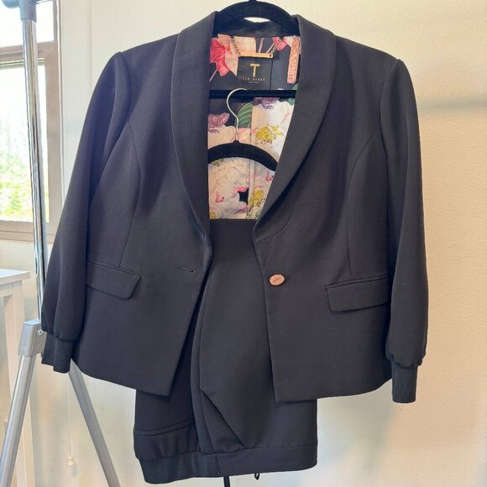 Ted Baker Womens Shawl Lapel Collar Pockets Cuff Blazer & Pants Set Gray Size 2